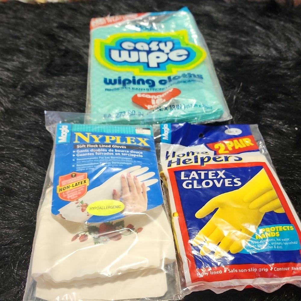 Latex and Soft Flock Lined Gloves Set NEW PACKAGES ,  Easy Wipes- Open Pkg.